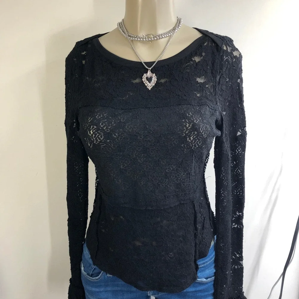Free People Lace Layering Bell Sleeve Top Womens M Black Sheer Boho Goth Ruffle